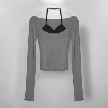 Dongdaemun Figure Halterneck Vest And Slightly Transparent Big Collar Long Sleeve T-shirt Two-piece Set