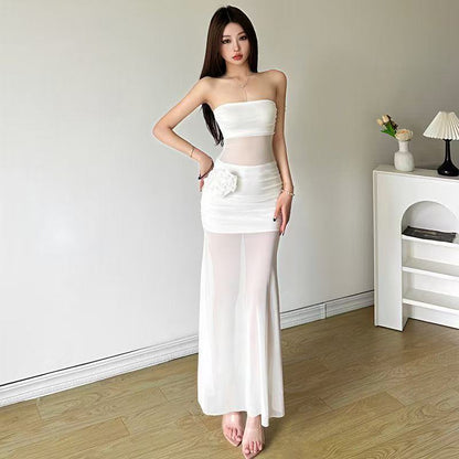 Three-dimensional Rose Mesh Stitching Tube Top Dress