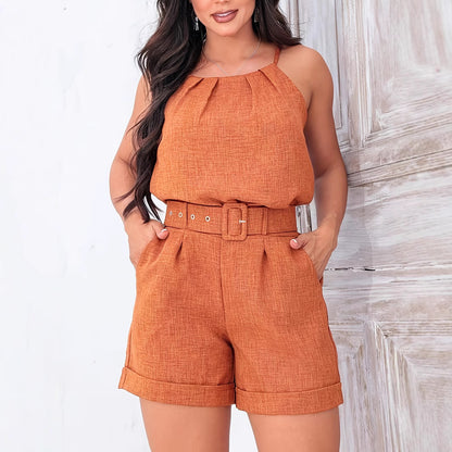 New Solid Color Pleated Pullover High Waist With Belt Hem Shorts Fashion Suspenders Women's Suit