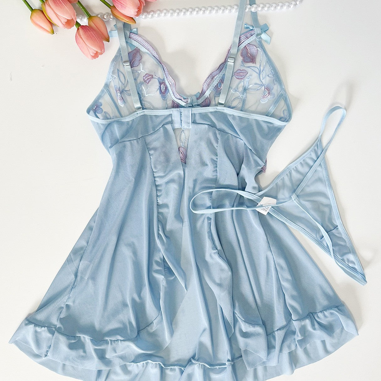 Embroidered Mesh Stitching Mesh Pajamas