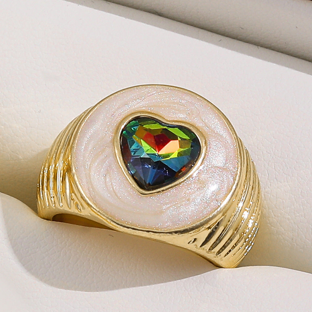 Colorful Crystals Oil Drop Peach Heart Crystal Ring