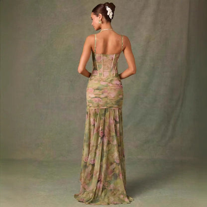 Sling Pleated Print Fishbone Waist Split Sheath Fishtail Fairy Dress