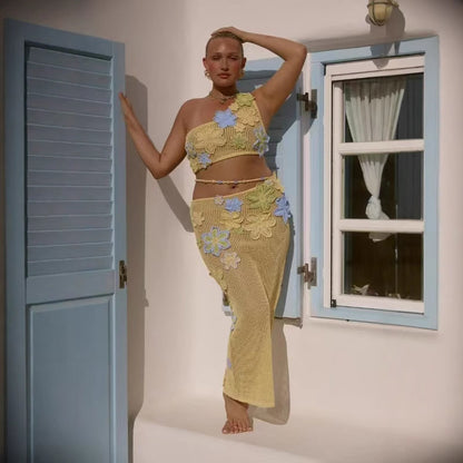 Three-dimensional Flower Lace-up Beads Off-shoulder Design Decoration See-through Suit