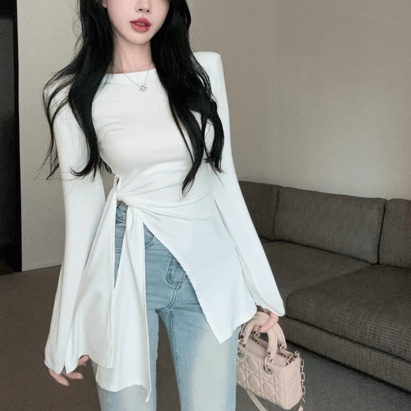 Irregular Slit Waist-tight Strap Long-sleeved T-shirt Women