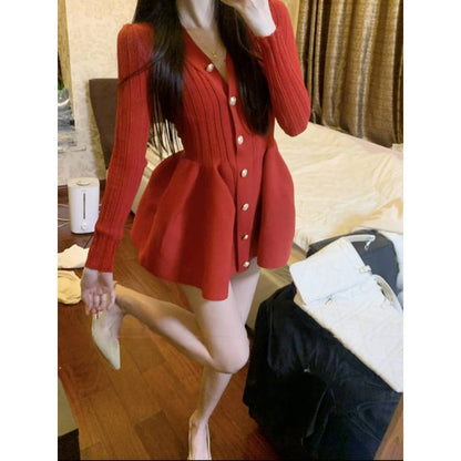 Red Knitted Dress Women's Autumn And Winter Design Sense