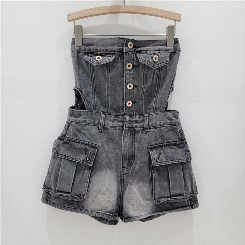 Hot Girl Breasted Hollow-out Midriff Tube Top Cowboy Siamese Shorts For Women