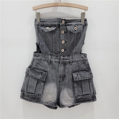 Hot Girl Breasted Hollow-out Midriff Tube Top Cowboy Siamese Shorts For Women