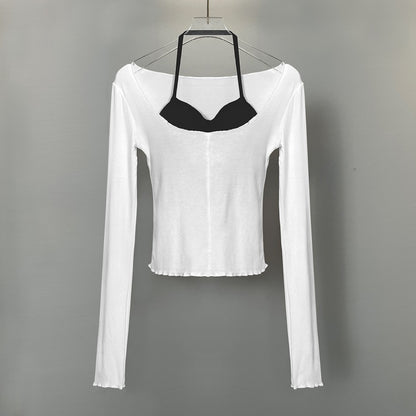 Dongdaemun Figure Halterneck Vest And Slightly Transparent Big Collar Long Sleeve T-shirt Two-piece Set