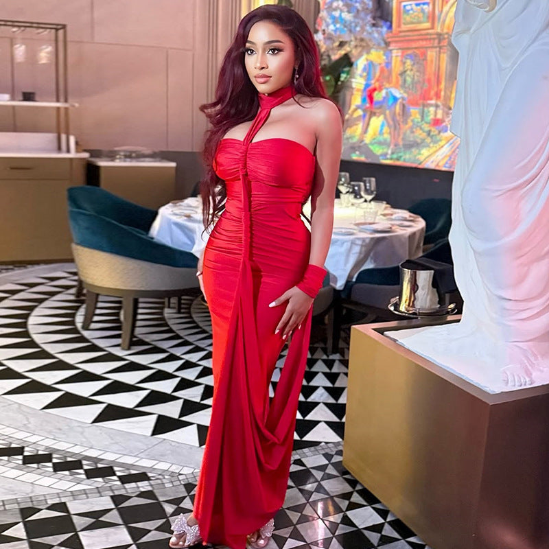 Backless Lace-up Tube Top Hip Skirt Off-neck Pleated Dress