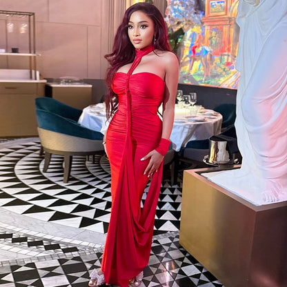 Backless Lace-up Tube Top Hip Skirt Off-neck Pleated Dress