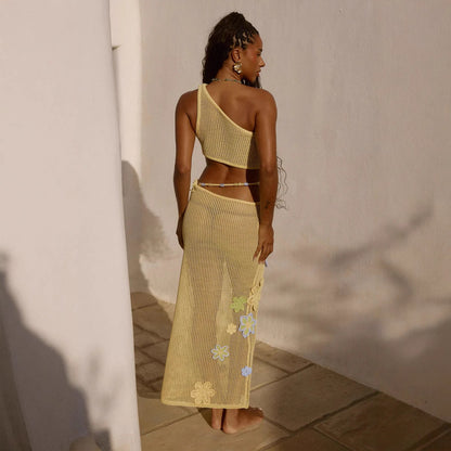 Three-dimensional Flower Lace-up Beads Off-shoulder Design Decoration See-through Suit