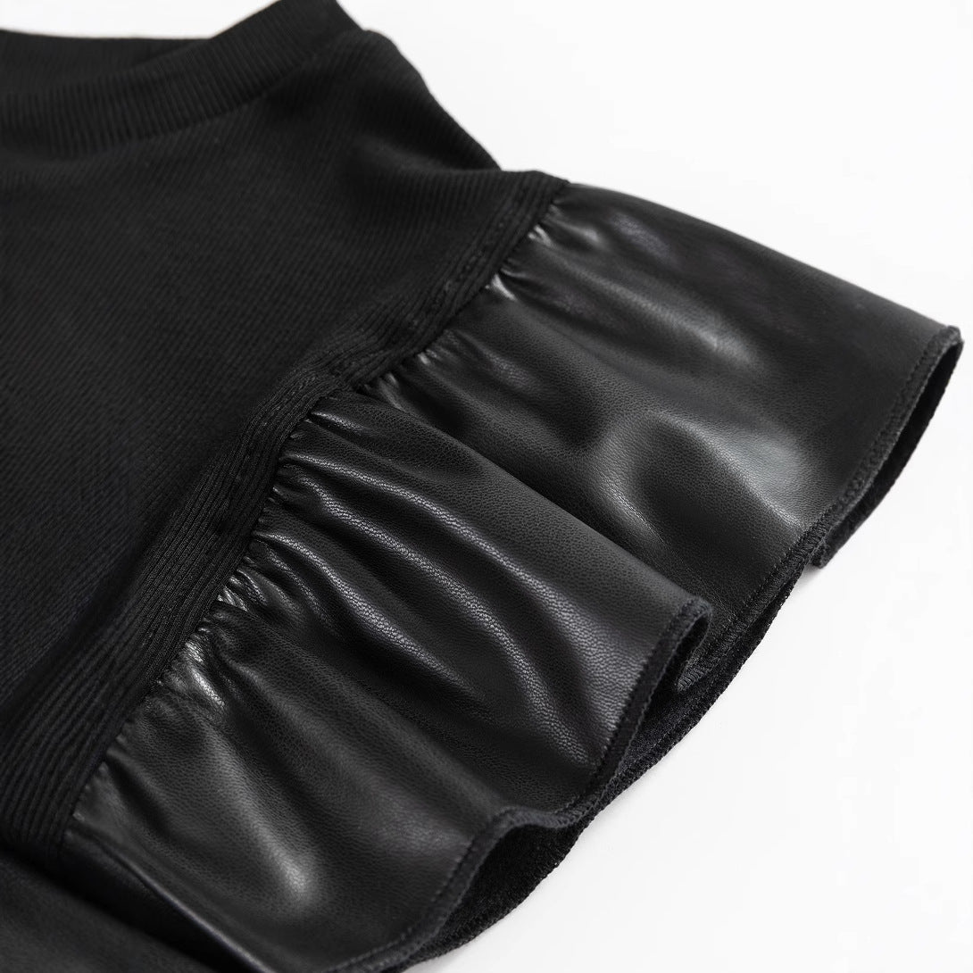 Pullover Women's Mesh Stitching Ruffle Cotton Short Sleeve Solid Color T-shirt