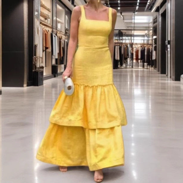 Square Collar Ruffled Spaghetti Straps Dress Elegant Sleeveless