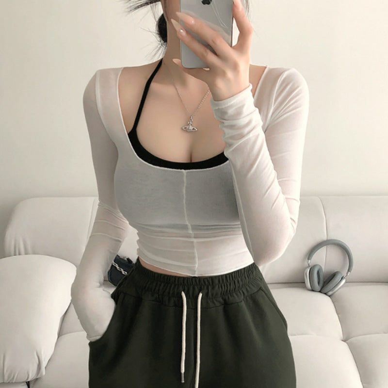 Dongdaemun Figure Halterneck Vest And Slightly Transparent Big Collar Long Sleeve T-shirt Two-piece Set