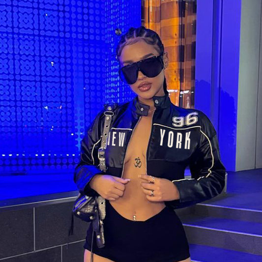 Fashionable Letter Printed PU Leather Jacket For Women