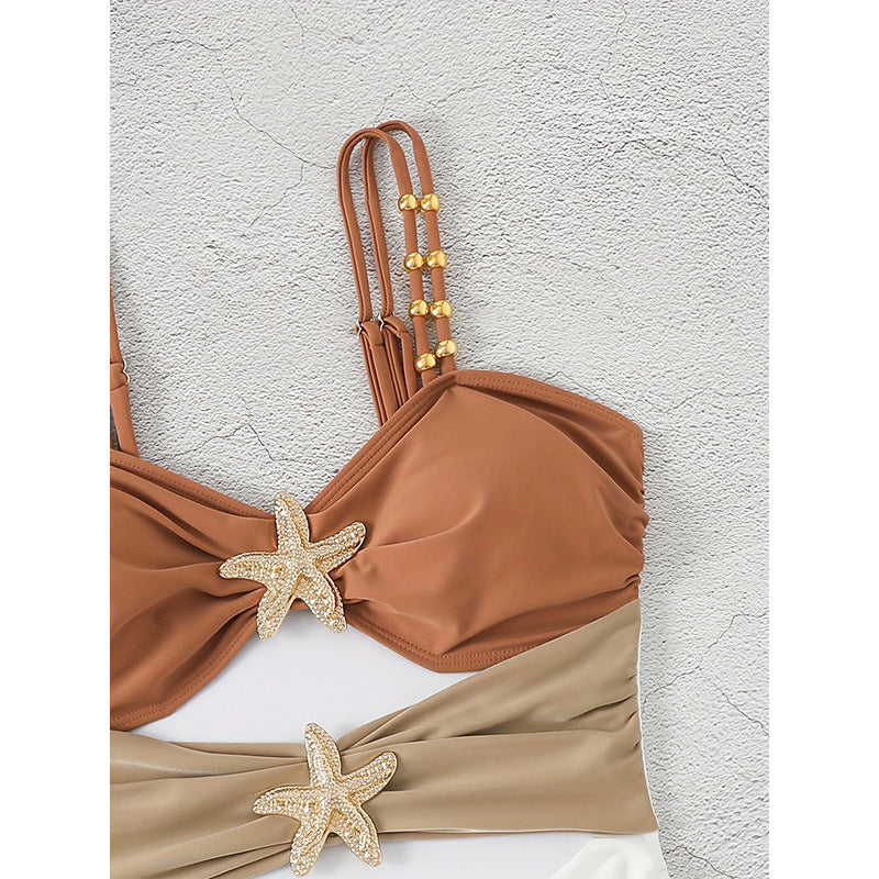 Fashion Stitching Metal Buckle One-piece Swimsuit