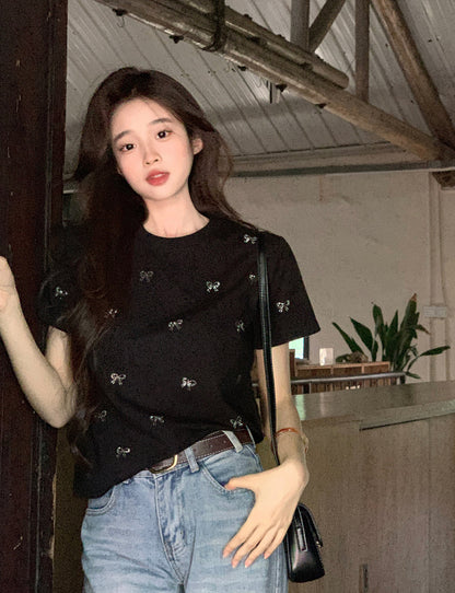 Simple Fashion Butterfly Rhinestone Round Neck Short Sleeve Female Summer