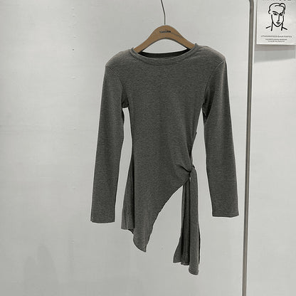 Irregular Slit Waist-tight Strap Long-sleeved T-shirt Women