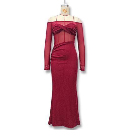 New Sexy Shiny Off-shoulder Slim-fit See-through Mesh Dress