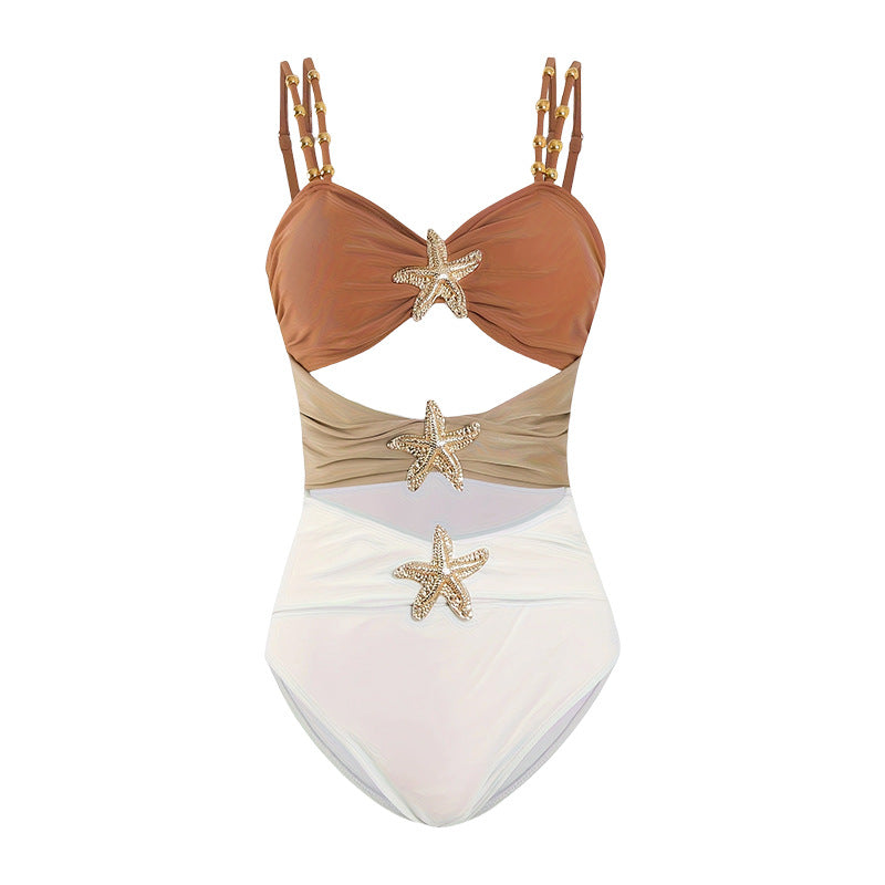 Fashion Stitching Metal Buckle One-piece Swimsuit