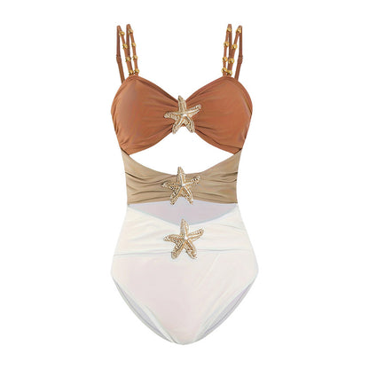 Fashion Stitching Metal Buckle One-piece Swimsuit