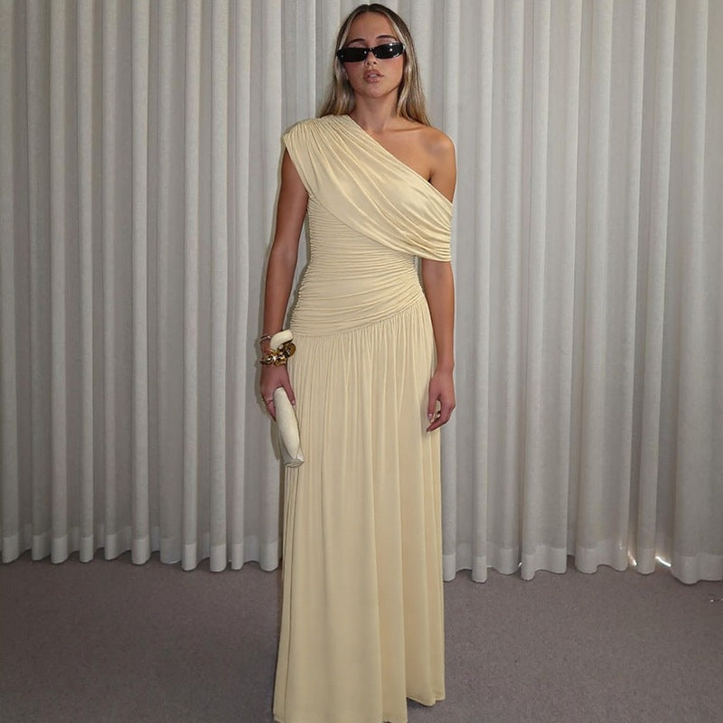 Fashion Sexy Diagonal Collar Pleated Irregular Solid Color Dress