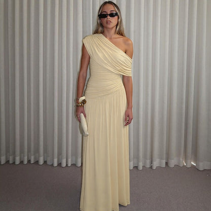 Fashion Sexy Diagonal Collar Pleated Irregular Solid Color Dress