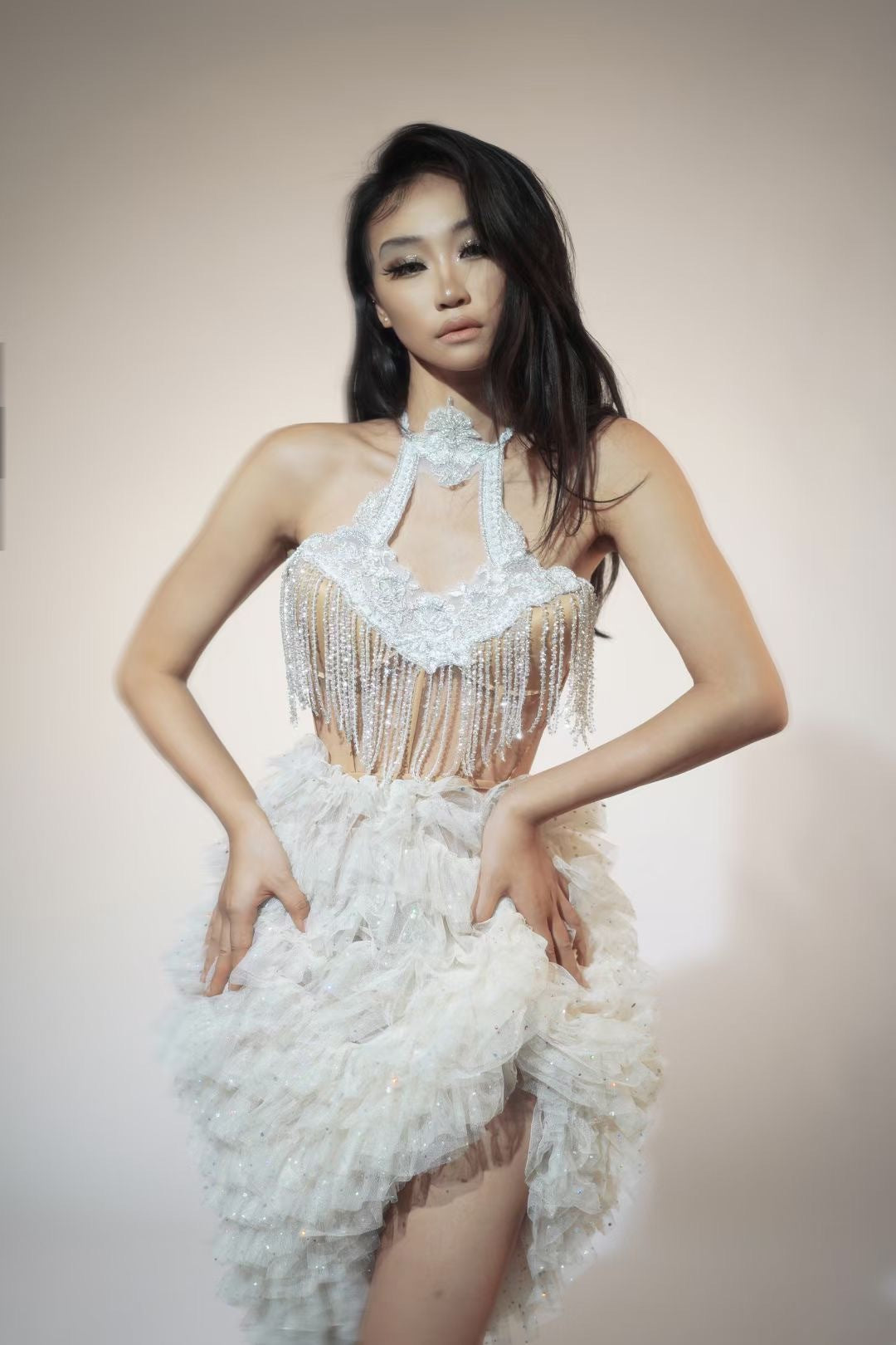 Top Skirt Shiny White Suit Tassel Backless Party Dress