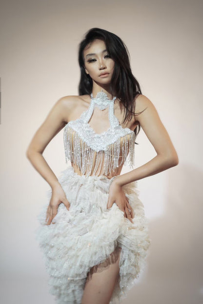 Top Skirt Shiny White Suit Tassel Backless Party Dress