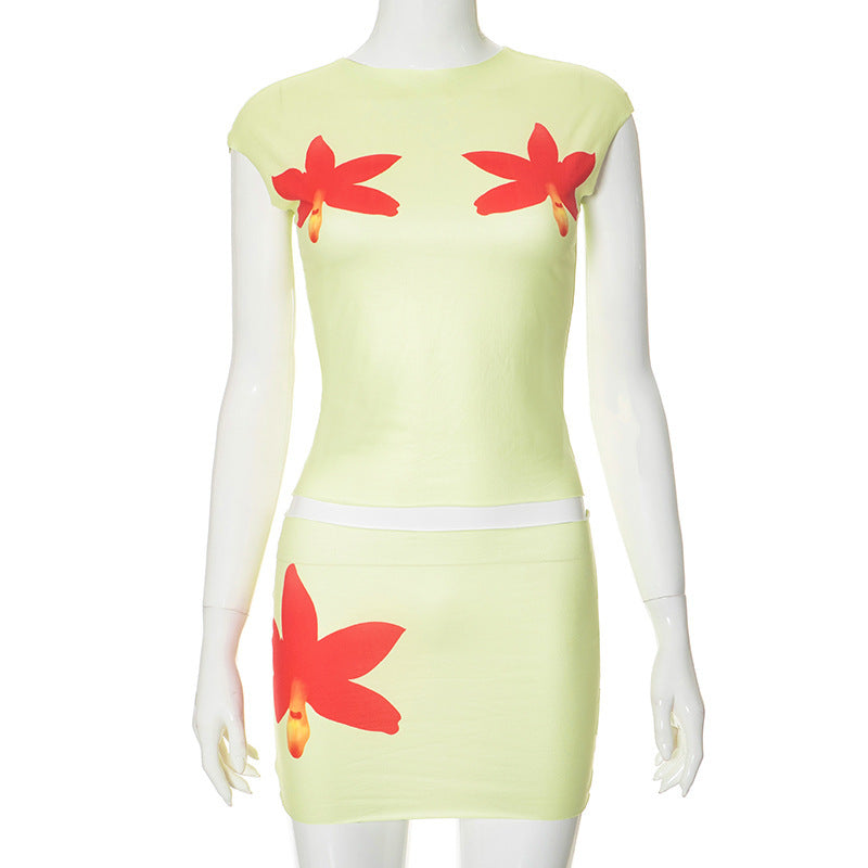European And American Flower Print Design Round Neck Short Sleeve Skirt Two-piece Set