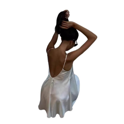 High Class Elegant V-neck Backless Solid Color Sling Dress