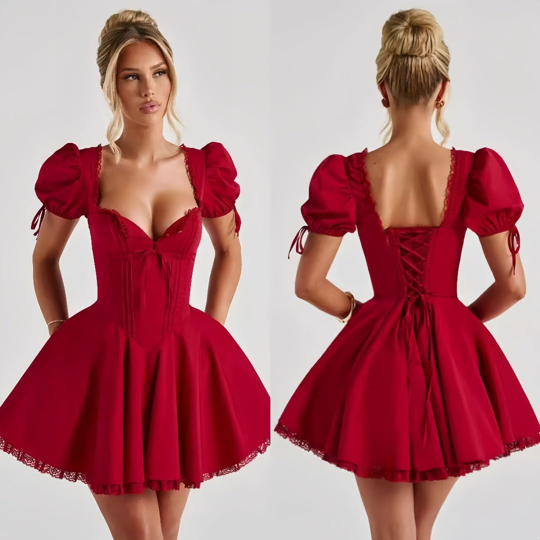Women's Fashion Lace Puff Short Sleeve Dress