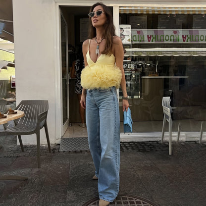 Mesh V-neck Patchwork Suspenders For Women