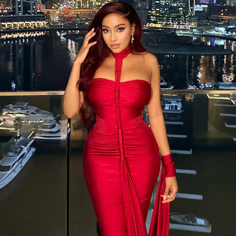 Backless Lace-up Tube Top Hip Skirt Off-neck Pleated Dress