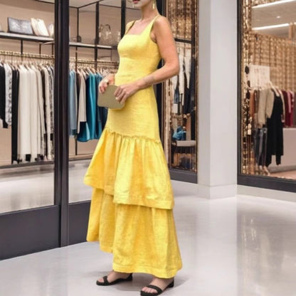 Square Collar Ruffled Spaghetti Straps Dress Elegant Sleeveless