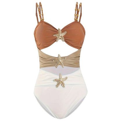 Fashion Stitching Metal Buckle One-piece Swimsuit