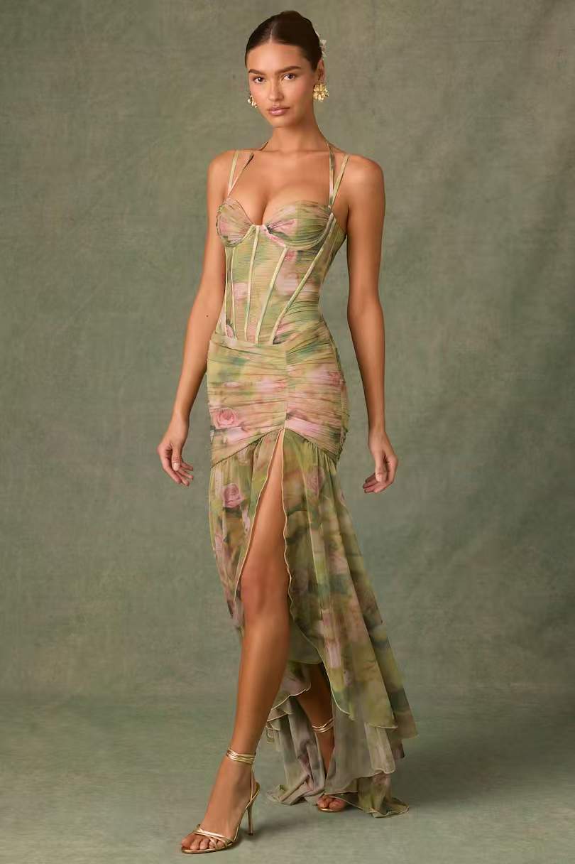 Sling Pleated Print Fishbone Waist Split Sheath Fishtail Fairy Dress