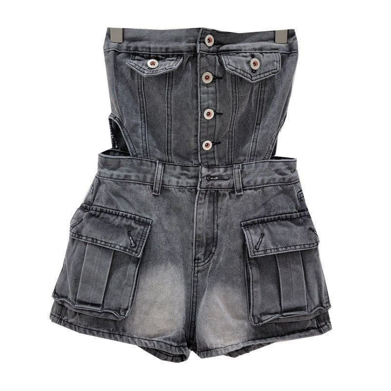 Hot Girl Breasted Hollow-out Midriff Tube Top Cowboy Siamese Shorts For Women