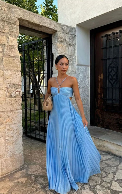 Pure Color Tube-top Pleated Sleeveless Sling Dress