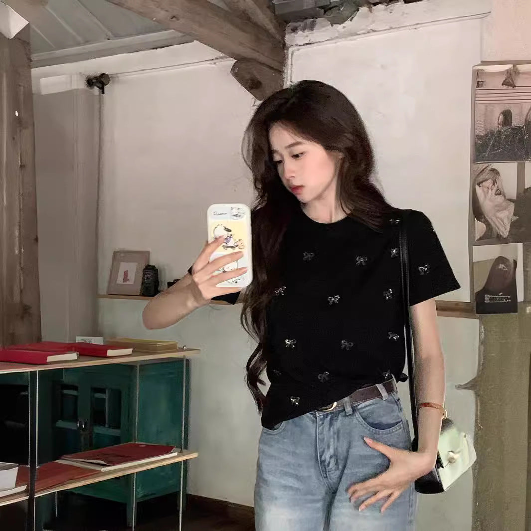 Simple Fashion Butterfly Rhinestone Round Neck Short Sleeve Female Summer