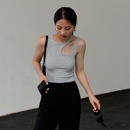 Summer Round Neck Side Irregular Hollow-out Women's Solid Color Top