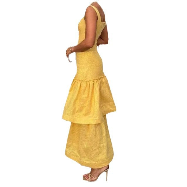 Square Collar Ruffled Spaghetti Straps Dress Elegant Sleeveless