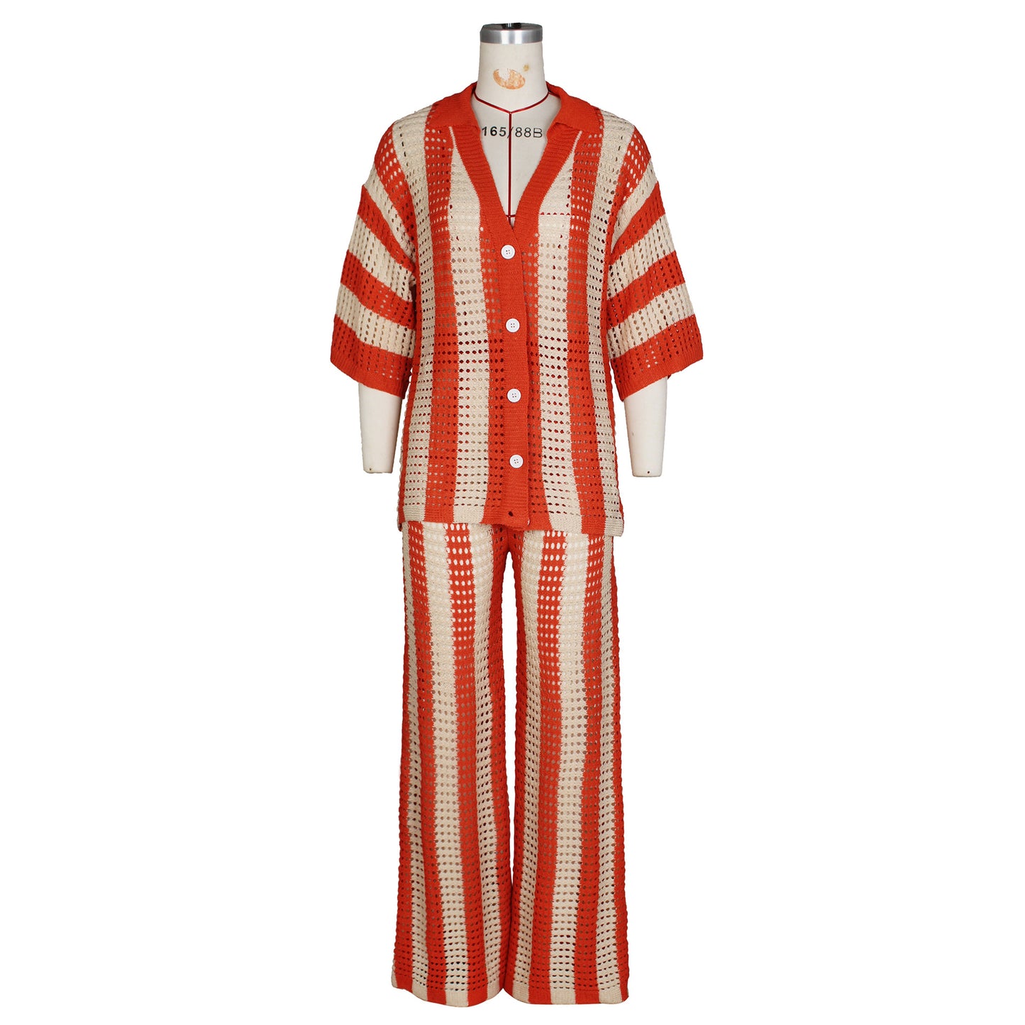 Women's Sexy V-neck Hollow Striped Lapel Knitted Width Blouse And Pants