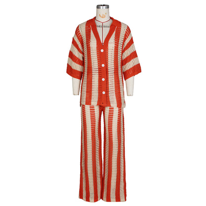 Women's Sexy V-neck Hollow Striped Lapel Knitted Width Blouse And Pants