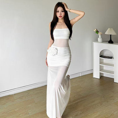 Three-dimensional Rose Mesh Stitching Tube Top Dress