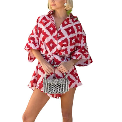 European And American Loose Casual Print Lace-up Jumpsuit Shorts