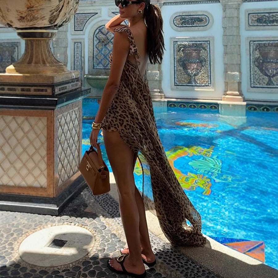 Chiffon Printed Suspender Dress INS Vacation Loose Leopard Print Two-piece Set For Women