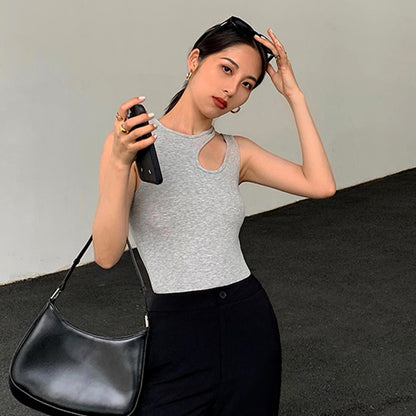 Summer Round Neck Side Irregular Hollow-out Women's Solid Color Top