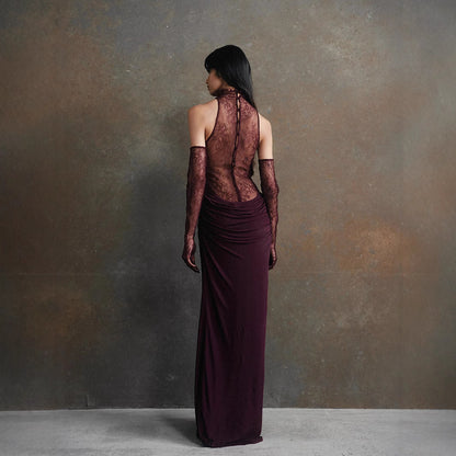 Halter Lace Stitching Sexy Deep V Hot Girl Pleated Evening Dress