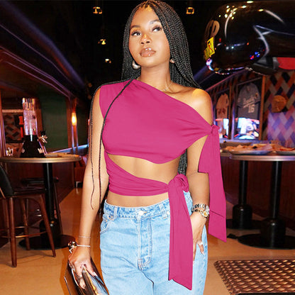 Personalized Retro Ribbon Shoulder Sleeveless Sexy Solid Color Slim Vest